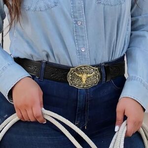 Triworks NEW Western Black Floral & Long Horn Embossed Unisex Belt w/Gold Buckle